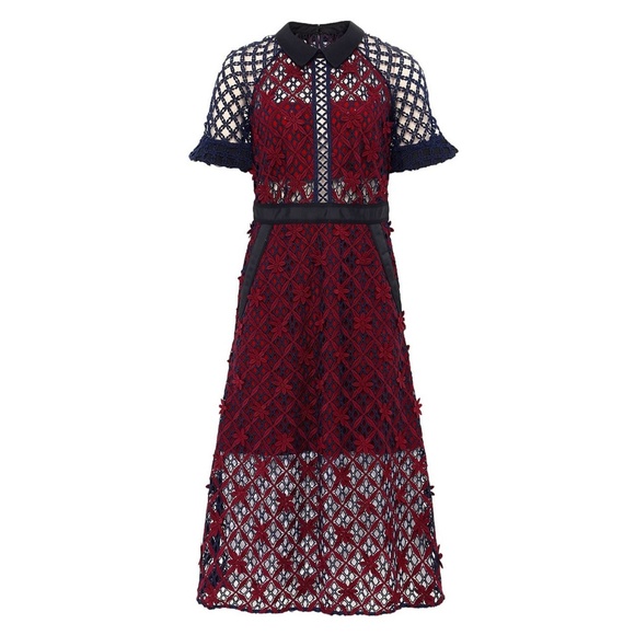 SELF-PORTRAIT Burgundy Floral Grid Lace Midi - Picture 1 of 9